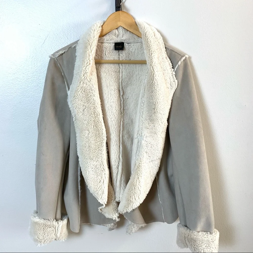 Super Soft Faux Suede Jacket w Even Softer Faux Fur Lining Waterfall Collar XL